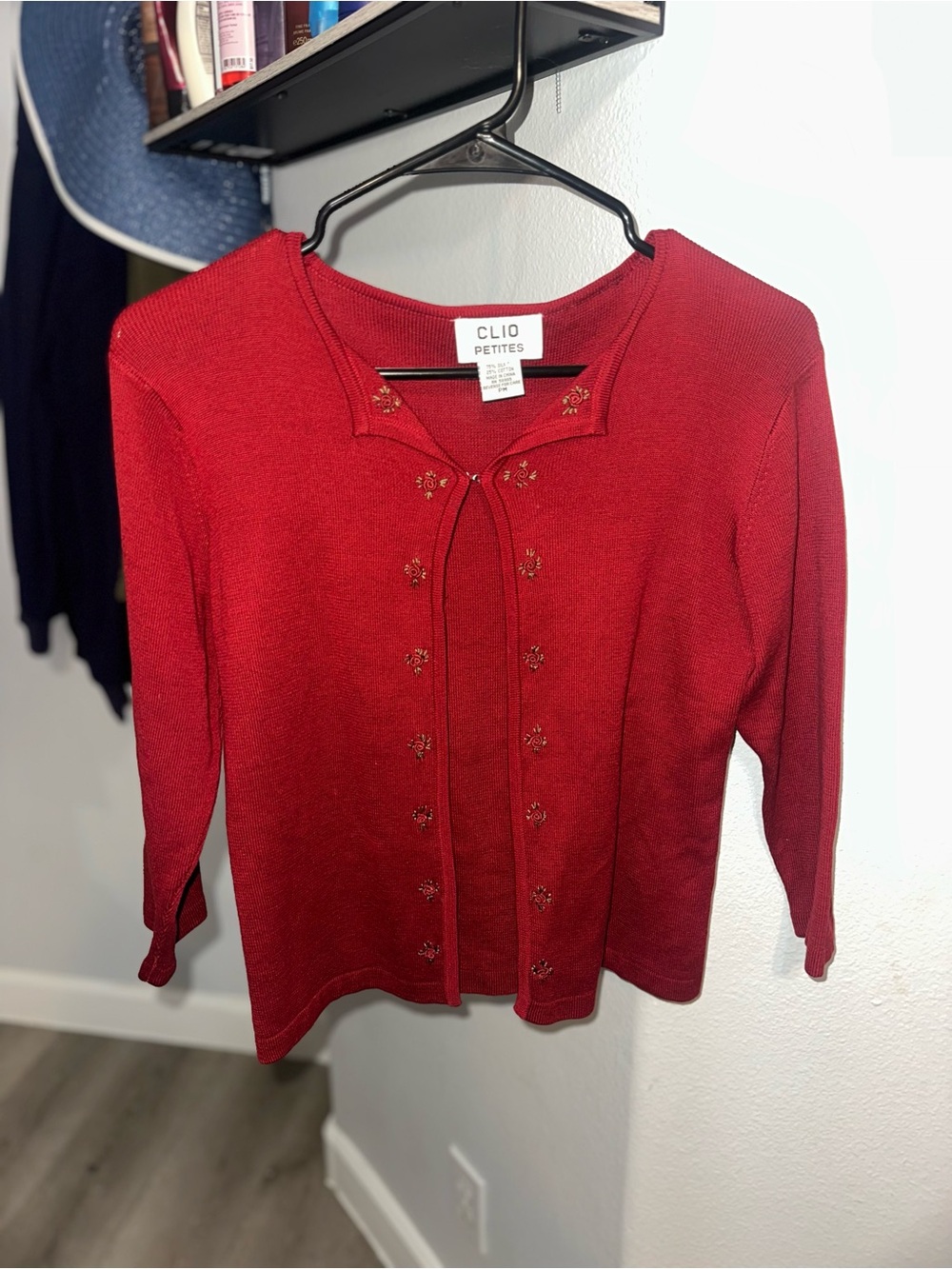 Vintage Clio Petites Women's Red Embellished Button Cardigan Sweater